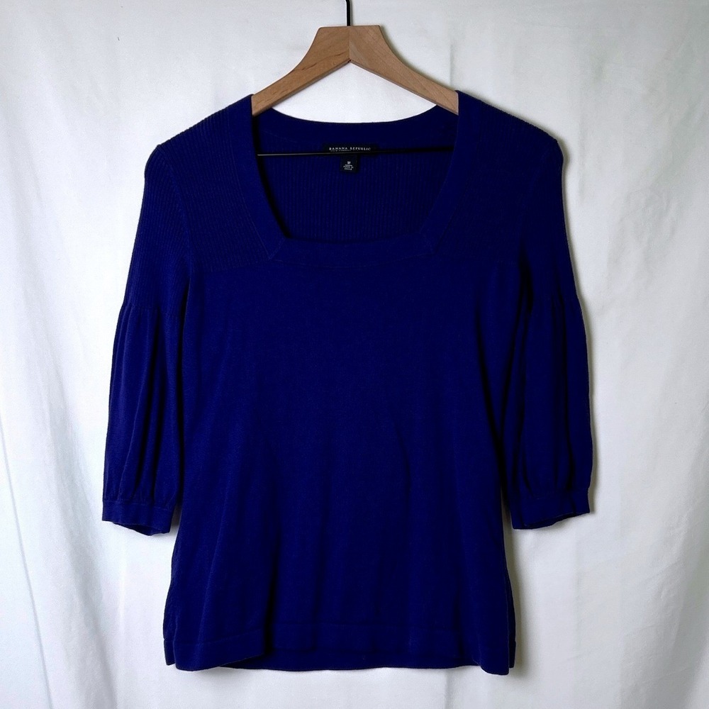 Banana Republic Women Silk Cashmere Square Neck Sweater Size M Royal Blue Luxury